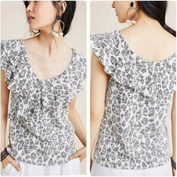 Anthropologie Tops - Anthropologie Dolan Savannah Ruffled Blouse Gray White Snow Leopard Print XS